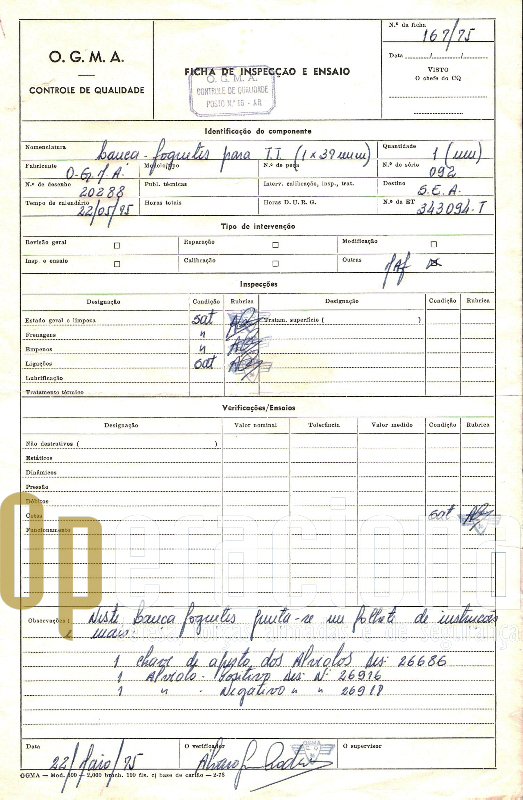 Umas das últimas "fichas de inspecção" dos Lança-Foguetes para Tropas Terrestres produzidos nas Oficinas Gerais de Material Aeronautico de Alverca.