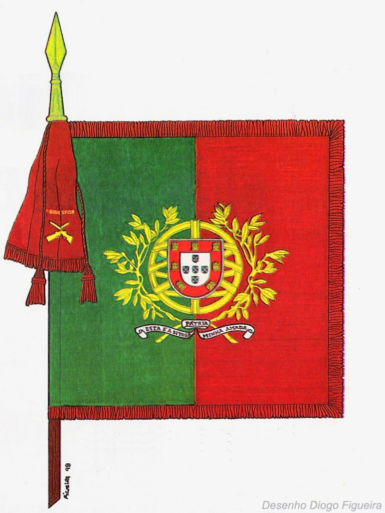 No Exercito a Bandeira Nacional, sob a forma de estandarte nacional, é quadrada, partida e cosida em proporções iguais (Decreto n.º 43/79 de 22 de Maio) 