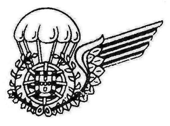 Desenho do distintivo de «alunos pára-quedistas» sem a asa direita, aprovado nas Portarias Nº 518/81 de 26JUN e 922/91 de 4SET. (Col. do Autor)