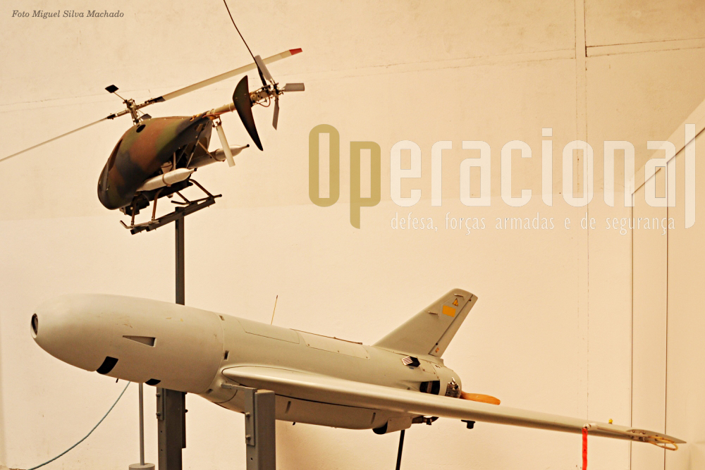 No final da visita, um "cheirinho" a modernidade: drones. Em cima o "drone helicóptero" «Vigilante» da firma Techno-Sud Industrie que tem 1 hora de autonomia. Em baixo o «Crecerele», já substituido em 2004 pelo novo «Sperwer», da Sagem, que tinha autonomia de 3 horas.