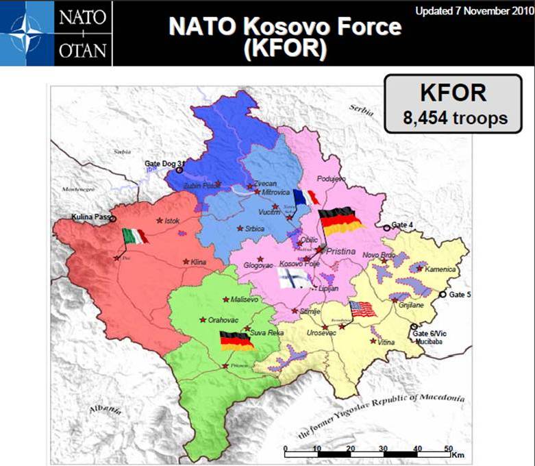 O dispositivo da KFOR em 2010 com 5 MNBG's vai ser reduzido até à próxima Primavera (Documento NATO / KFOR)