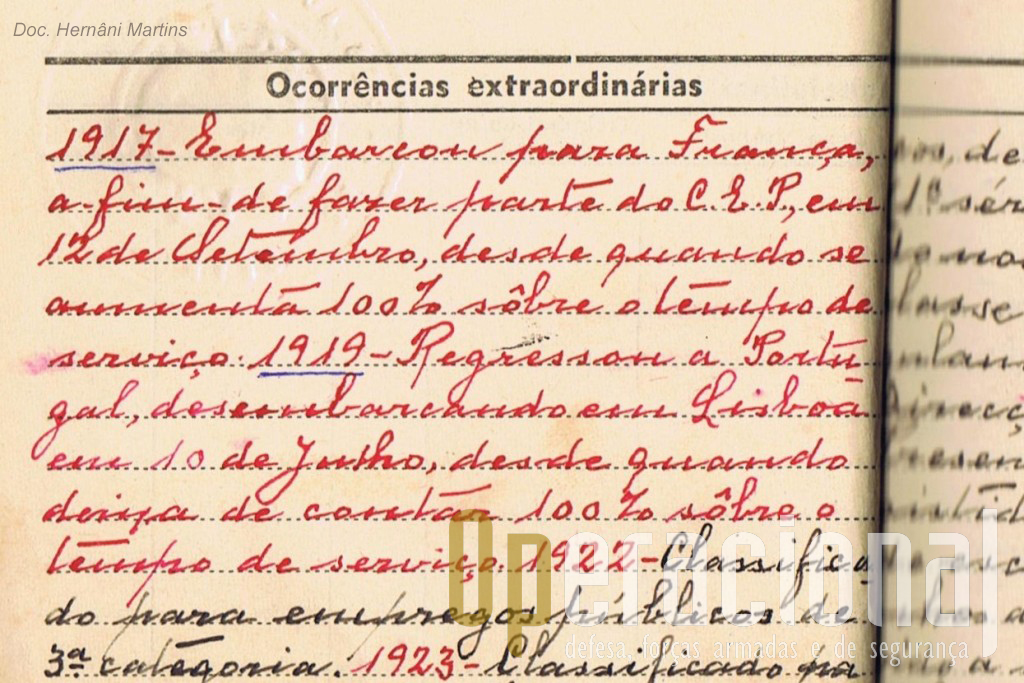 "1917 - Embarcou para França a fim de fazer parte do CEP (Corpo Expedicionário Português)...1919 - Regressou a Portugal desembarcando em Lisboa em 10 de Junho..."