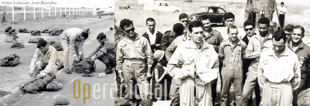 Foto da esquerda: Capitães Araújo e Mansilha, equipando; Foto da direita: começando pela esquerda, primeiro, cabo Castro, 5.º capitão engenheiro Miranda, 6.º Ferreira, 10.º Óscar de Lemos, 12.º Xavier.