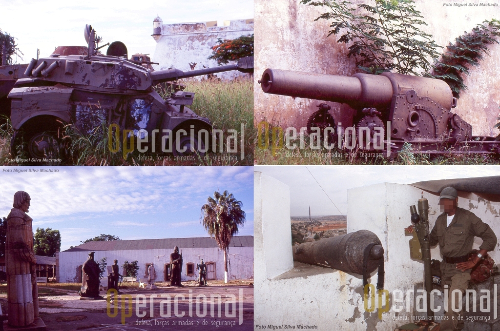 Estas imagens são de 1997 e mostram bem, por comparação, o trabalho agora executado. Em baixo à direita, em 2004, militar e arma que integrava a defesa aérea de Luanda a partir da fortaleza.