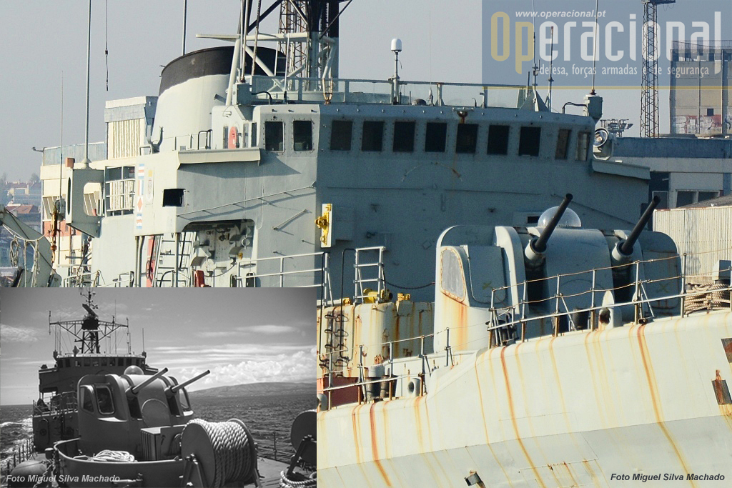 O reparo duplo de 76mm US Mk33, armamento principal do navio instalado nas primeiras três unidades da Classe "João Coutinho" e a ponte de comando.