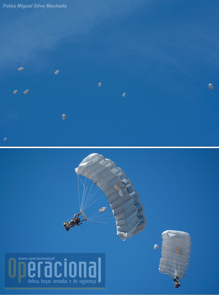 Destacamento de Saltadores Operacionais de Grande Altitude, da Companhia de Precursores Aeroterrestres do Batalhão Operacional Aeroterrestre (BOAT) infiltrados através de salto de abertura manual (queda-livre) a partir de um C-295M da Esquadra 502 / Base Aérea n.º 6, voando a 9.000m de altitude, para simular o assalto a um aeródromo