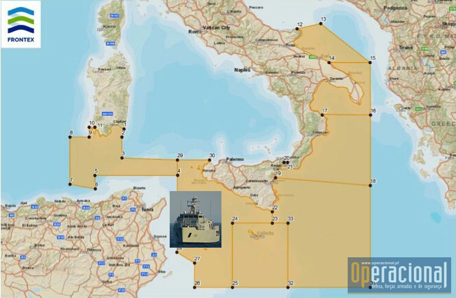 A Área de Operações do Mediterrâneo Central e o "sector" onde o NRP Figueira da Foz tem cumprido a sua missão.